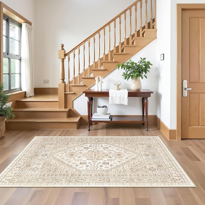 3x5 Washable Area Rug for Entryway Non Slip Rugs, Cream/Beige | Vintage Kitchen - Image 5