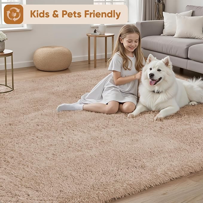PLHXFR 8x10 Area Rugs Living Room: Fluffy Bedroom Rug Shag Carpet Camel | - Image 4