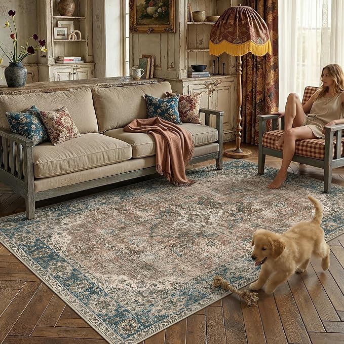 5x7 Blue Brown Retro Floral Washable Area Rug by HUGEAR