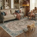 5x7 Blue Brown Retro Floral Washable Area Rug by HUGEAR