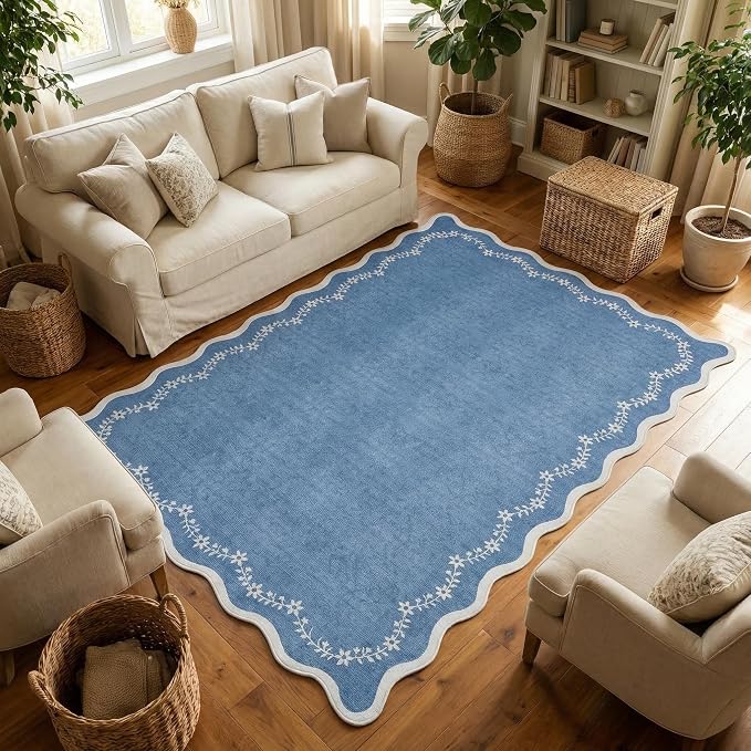 GarveeHome 4x6 Scalloped Washable Area Rug Blue Nursery Kids Bedroom Rug | Soft - Image 4