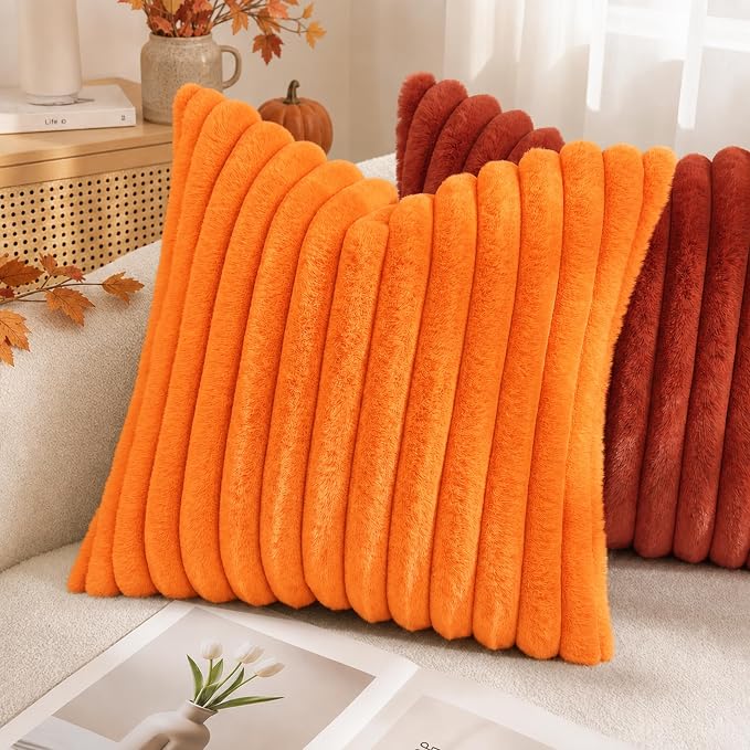 decorUhome Fall Faux Fur Throw Pillow Covers 24x24 Set of 2 Orange | Decorative - Image 6
