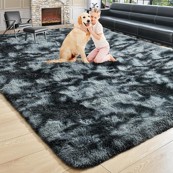 Noahas 5x7 Tie-Dyed Black and Grey Fluffy Area Rug Non-Slip by ModernHomeDecor