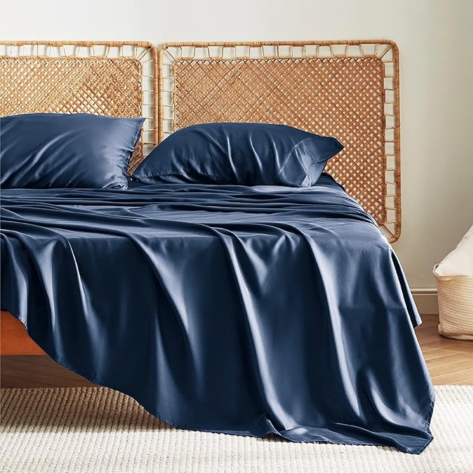 Bedsure Cooling Sheets Twin, Rayon Derived from Bamboo, Breathable & Soft Twin Sheets Set, Deep Pocket Up to 16 Inches, Hotel Luxury Silky Bedding for Hot Sleepers, Navy