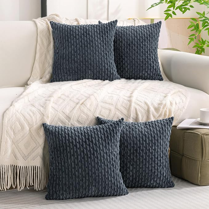 Set of 4 Grey Blue Decorative Throw Pillow Covers 18x18 Inch Corduroy Pillow - Image 2