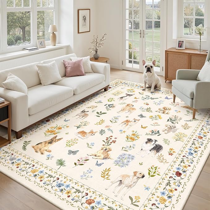 Soalmost Dog 5x7 Area Rugs for Living Room, Washable Animal Soft Rug Beige | by Soalmost