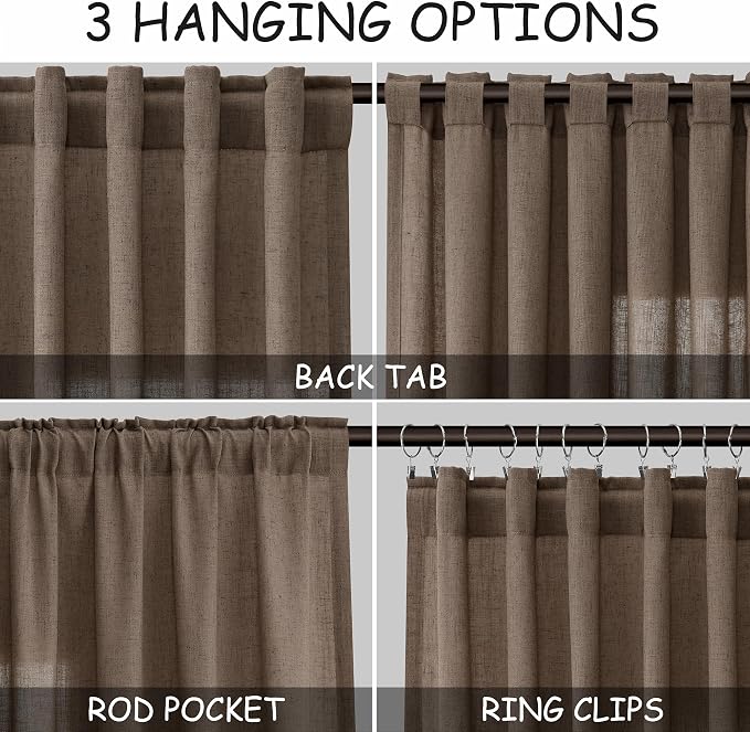 Extra Long Light Brown Curtain 108 Inches Long 2 Panels Set Back Tab Linen - Image 3