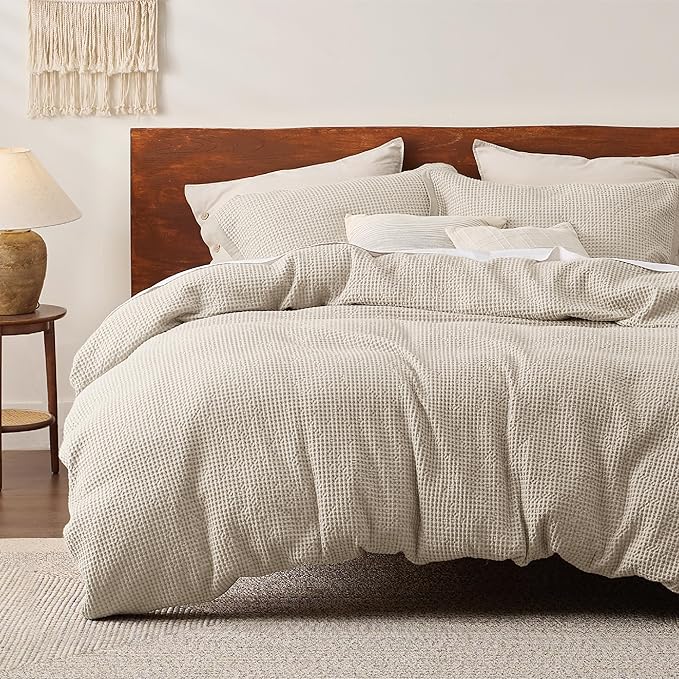 Bedsure Cotton Duvet Cover Set - 100% Cotton Waffle Weave Beige Duvet Cover California King, GentleSoft™ and Breathable Cal King Bedding Set for All Season, 3 Pieces, 104"x98"
