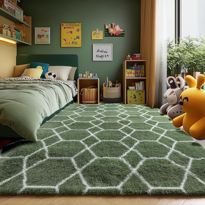 5x7 Area Rugs for Living Room Bedroom, Fluffy Olive Green and White Rug | - Image 6