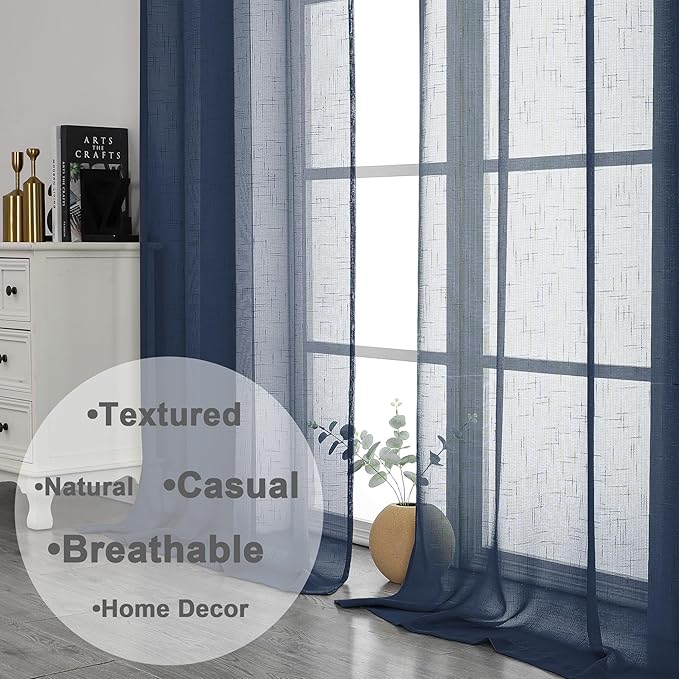 Aiyufeng Linen Textured Blue Sheer Curtains 72 inches Long 2 Panels, Sheer Navy Blue Curtains Breathable Elegant Drapes for Living Room Kitchen, 40Wx72L inch