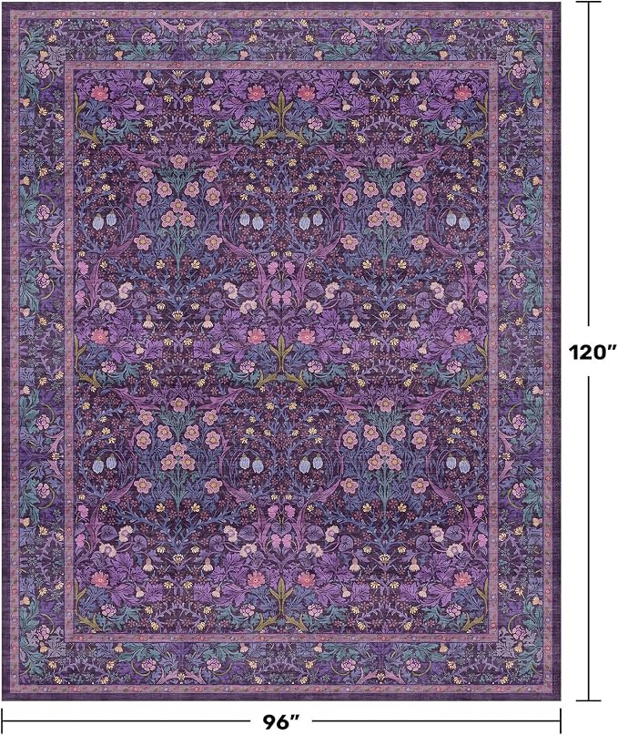 Dark Purple Living Room Rug 8x10, Vintage Violet Floral Area Rugs - Image 2
