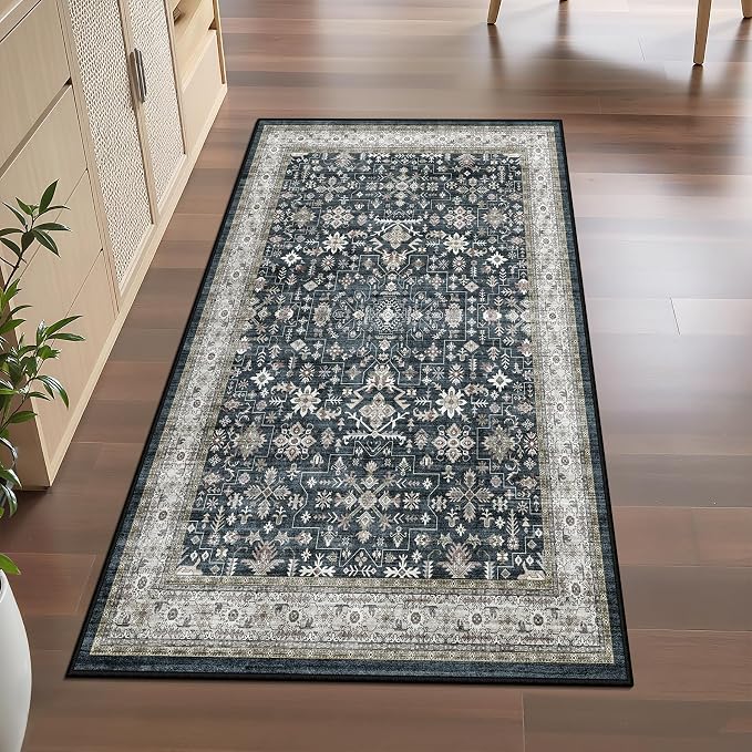 Floral Hallway Runner Rug 3x7 for Bedroom Kitchen | Rubber Backing; Non Slip; - Image 5