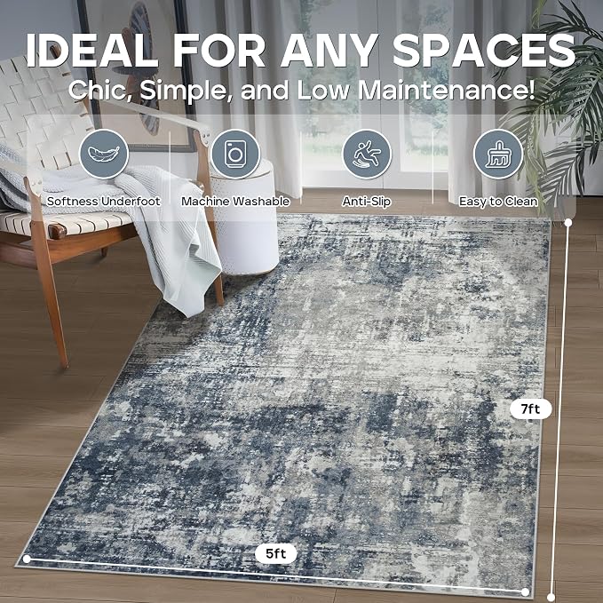 5x7 Area Rugs for Living Room Bedroom Dining Room Washable Blue Grey | Soft - Image 2