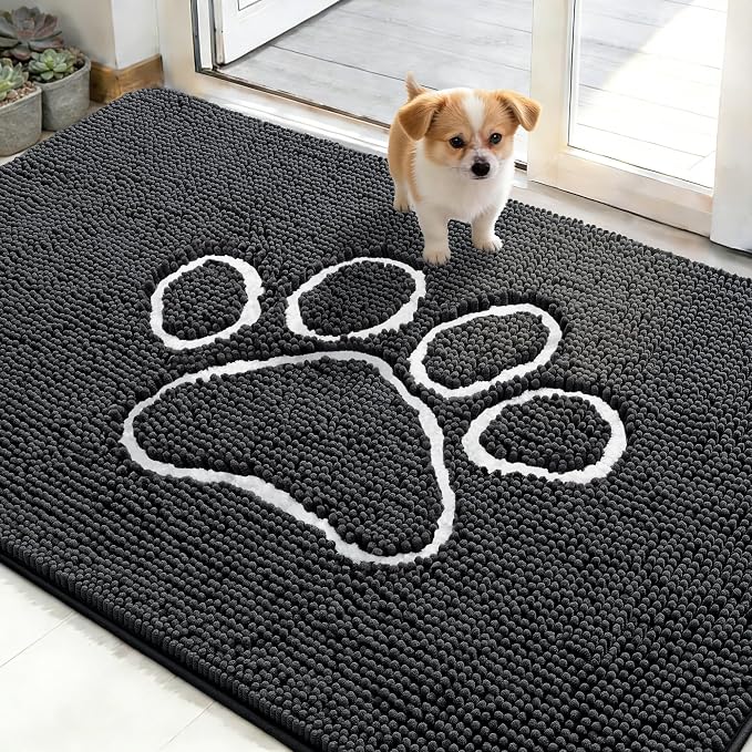 OLANLY Dog Door Mat for Muddy Paws 48x30, Paw Print Design Chenille Mud Mat | by OLANLY
