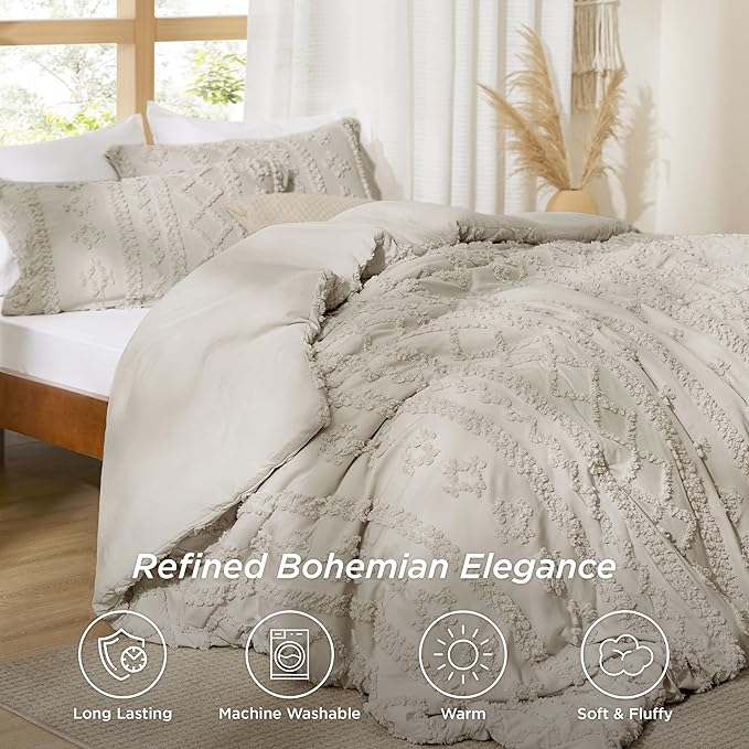 Bedsure Tufted Boho Comforter Set King Size - Linen Boho Bed Set, GentleSoft™ 3 Pieces Farmhouse Shabby Chic Embroidery Bedding, Gifts for Woman, Soft Jacquard King Comforter for All Seasons