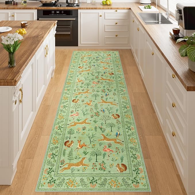 DUKINO 2x6 Runner Rug, Washable Animal Kitchen Rugs Non Slip, Light Green | Soft - Image 5