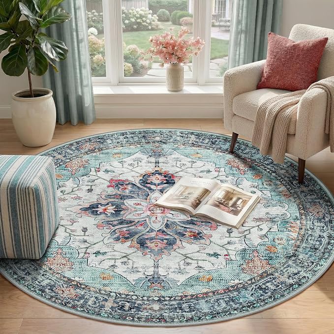 RELEANY Washable Area Rug, Round 4ft, Teal Green/White/Navy | Non-Slip - Image 2