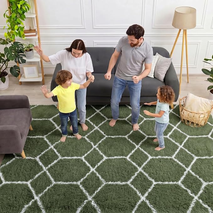 5x7 Area Rugs for Living Room Bedroom, Fluffy Olive Green and White Rug | - Image 3