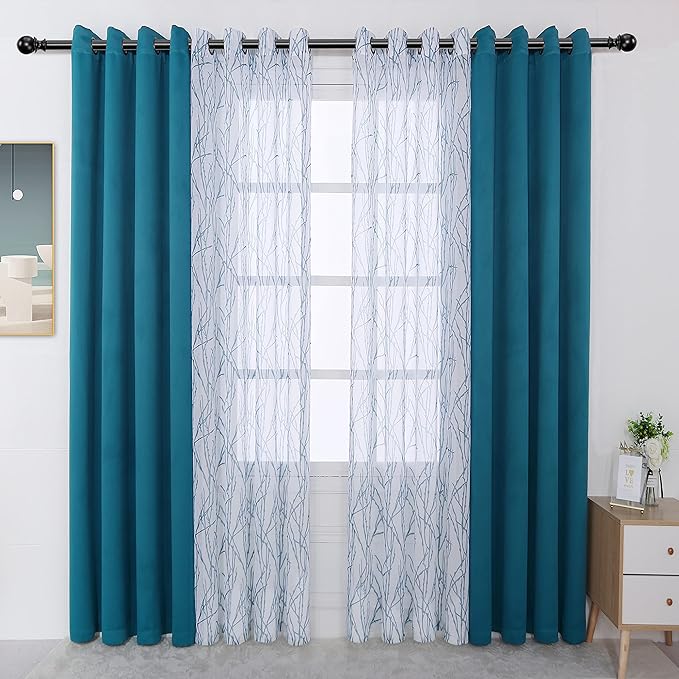 BONZER Mix and Match Curtains - 2 Pieces Branch Print Sheer Curtains and 2 Pieces Blackout Curtains for Bedroom Living Room Grommet Window Drapes, 54x63 Inch/Panel, Teal, Set of 4 Panels