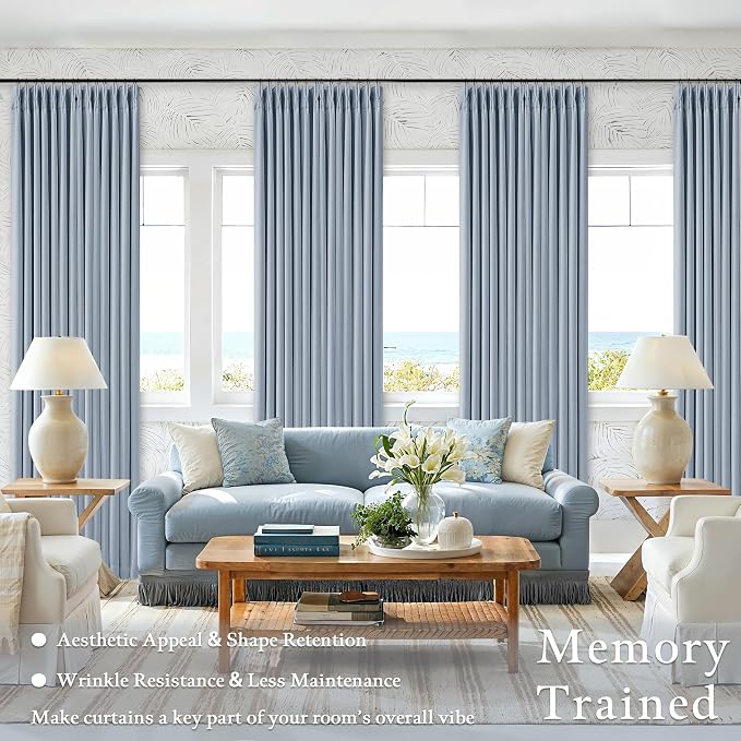 Pinch Pleated 100% Blackout Thick Linen Light Blue Curtains 84 Inches Long | - Image 2
