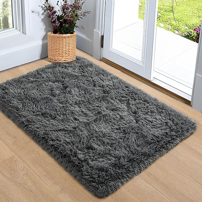 2x3 Dark Grey Fluffy Soft Area Rug Non-Slip - Image 9