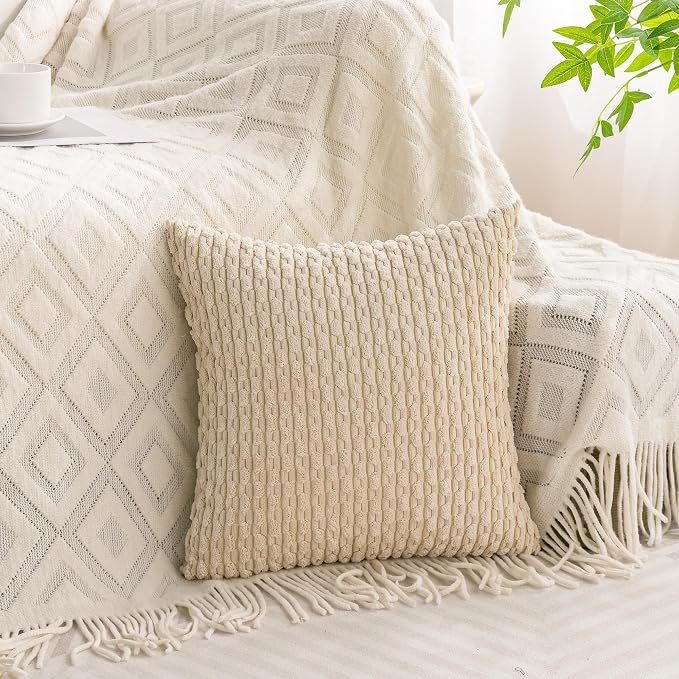 Set of 4 Beige Brown Coffee Decorative Throw Pillow Covers 18x18 Inch Corduroy - Image 6