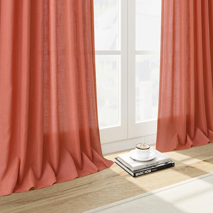 Coral Linen Curtains 90 Inch Length 2 Panel Set Back Tab Rod Pocket Semi Sheer - Image 6