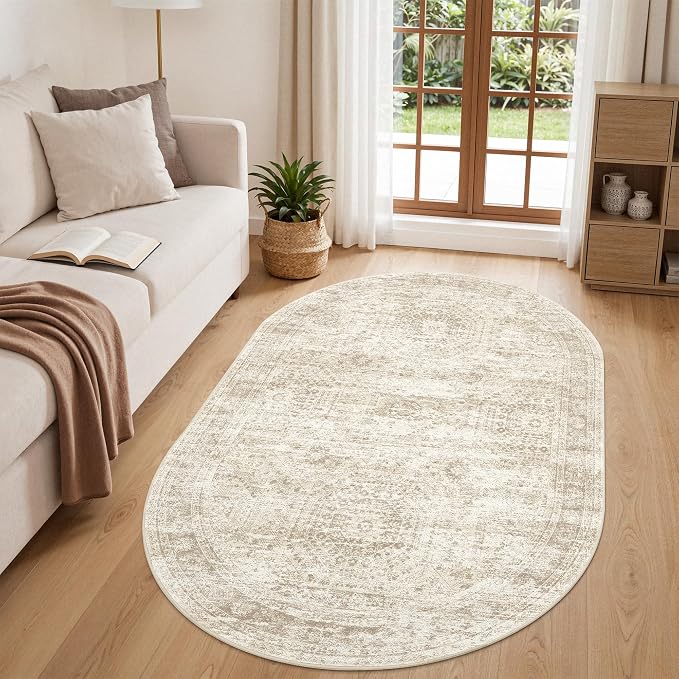 3x5 Oval Rug for Bedroom, Washable Area Rug, Living Room, Neutral Rug, Stain by Restydon