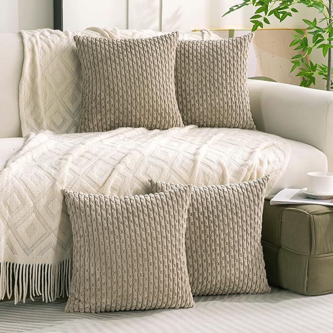 Set of 4 Taupe Decorative Throw Pillow Covers 18x18 Inch Corduroy Pillow Covers - Image 9