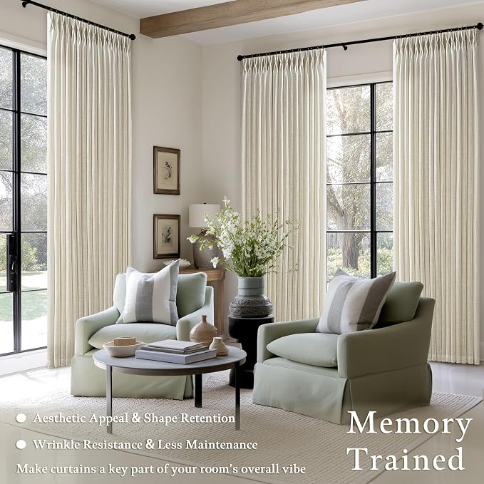 Farmhouse 94 Inch Light Filter Beige Tan Linen Pinch Pleated Curtains 50x94 | - Image 6