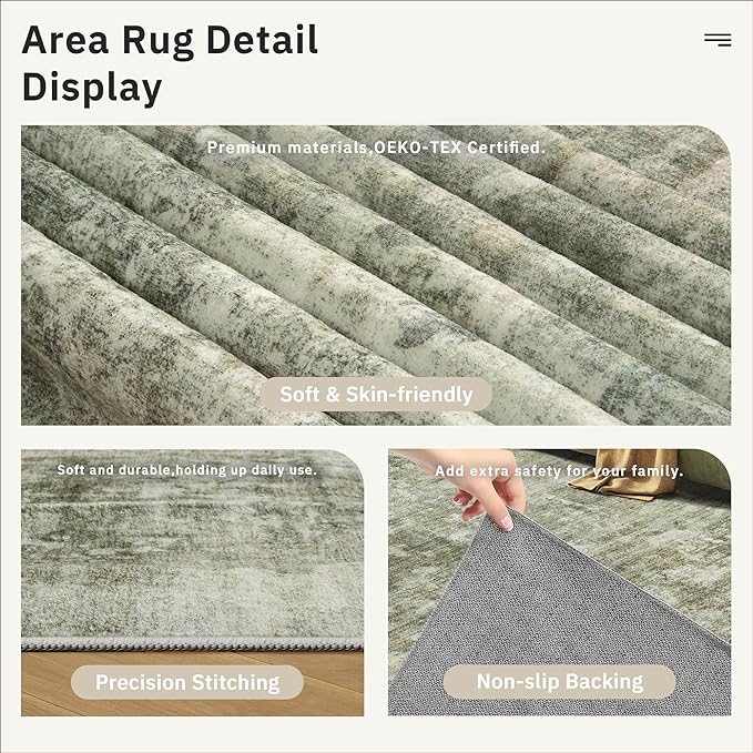 Soalmost Abstract Rug 8x10 Large Living Room Area Rugs Washable Green Black | - Image 6