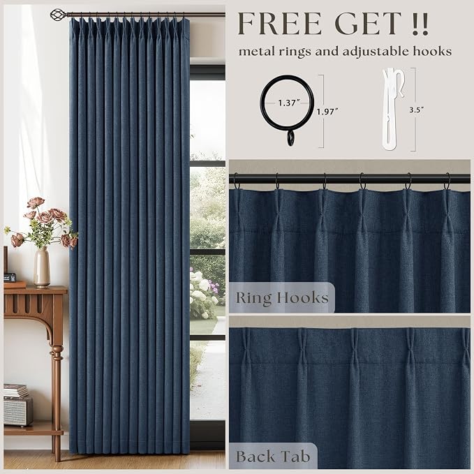 Navy Pinch Pleated Blackout Linen 102 Inch Dual Layer Curtains 2 Panels Set | - Image 3