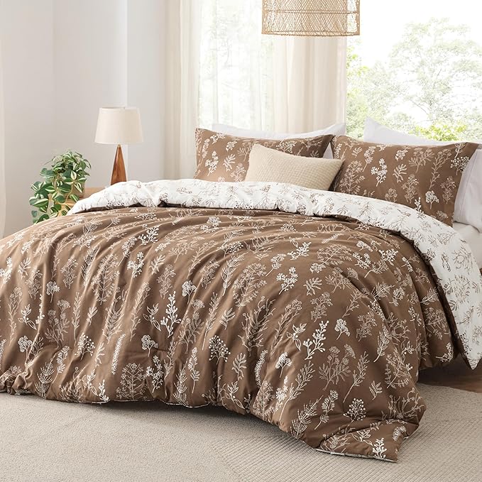 Bedsure King Comforter Set - Brown Bed Set, 3 Pieces Cute Floral Bedding, 1 Soft Reversible Botanical Flowers Comforter and 2 Pillow Shams