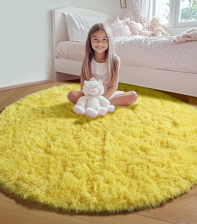 Yellow Round Rugs 5ft for Bedroom Living Room, Fluffy Circle Area Rug for Kids - Image 6