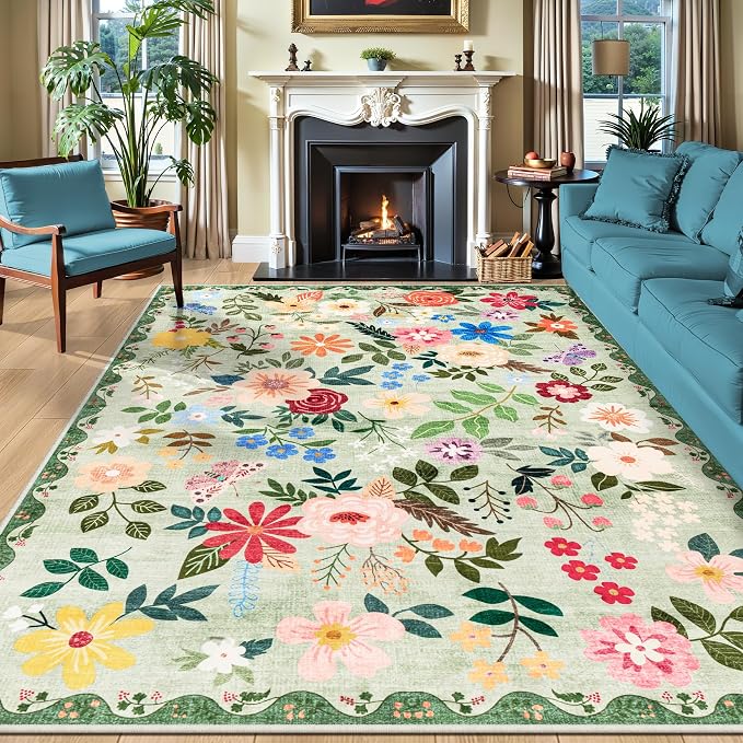 PLHXFR Area Rug 9x12 Living Room: Floral Washable Boho Soft Carpet Green | by PLHXFRSoftAreaRugs