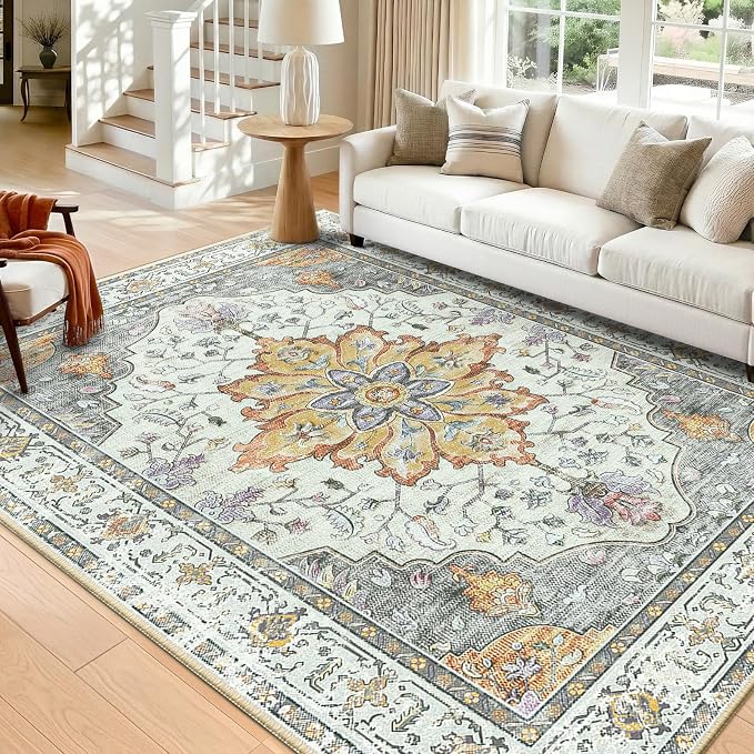 RELEANY Washable Area Rug, Water Repellent, Pet Friendly, Vintage Floral Boho by RELEANY
