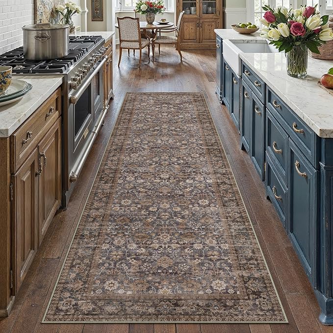 3x8 Brown Blue Vintage Floral Washable Runner Rug by HUGEAR