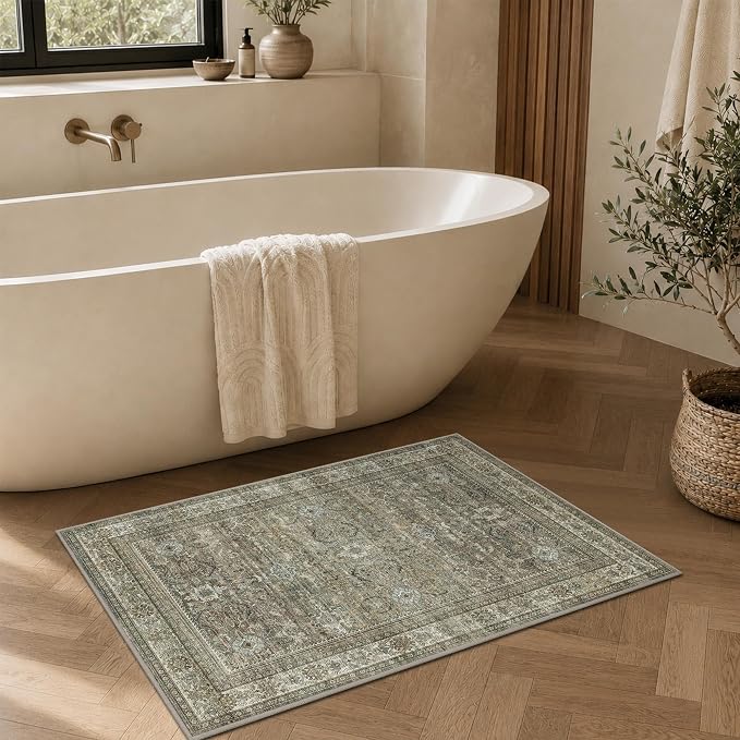 Schweek 2x3 Entryway Rugs Brown Grey Washable Vintage Area Rug Non Slip Mat | - Image 3