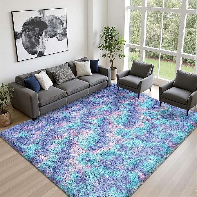 8x10 Area Rug Living Room Bedroom: Fluffy Plush Shag Carpet Rainbow - Image 2