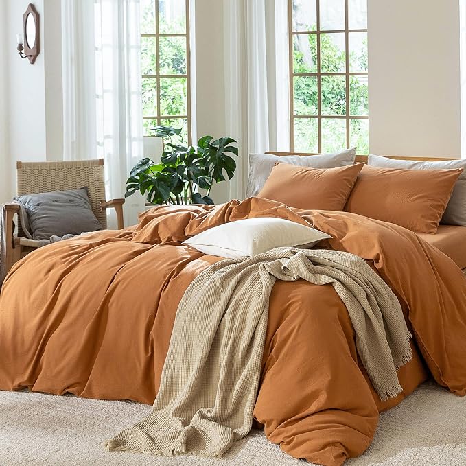 MooMee Bedding Duvet Cover Set 100% Washed Cotton Linen Like Textured Breathable Durable Soft Comfy (Solid Burnt Orange, King 104"x90")