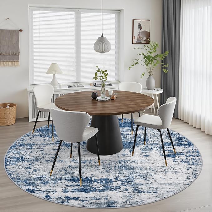 Round Area Rug Living Room: 6 ft Modern Washable Carpet Blue | - Image 3