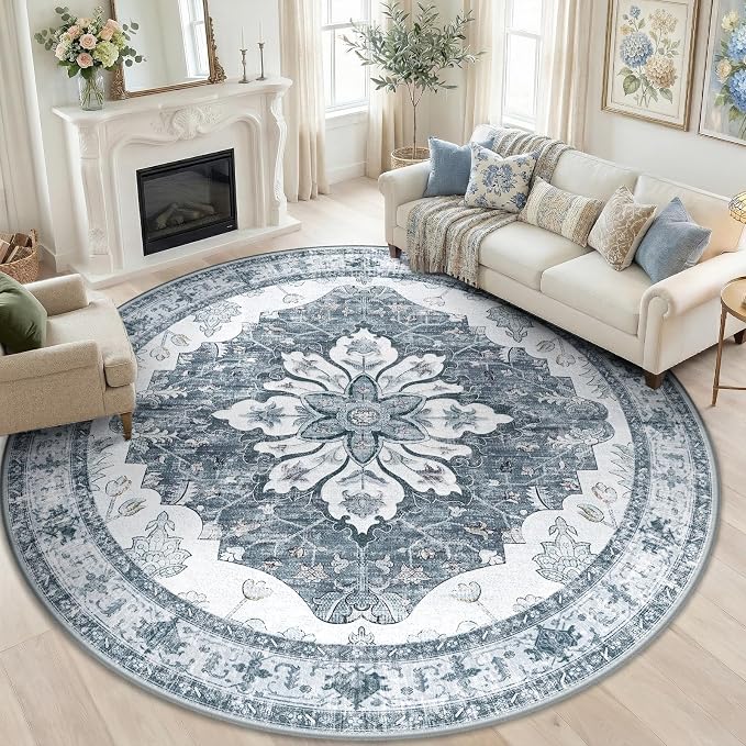 RELEANY Washable Area Rug, Round 8ft, Water Repellent, Pet Friendly, Vintage by RELEANY