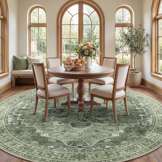 RELEANY Washable Area Rug, Round 8ft, Water Repellent, Pet Friendly, Vintage - Image 2
