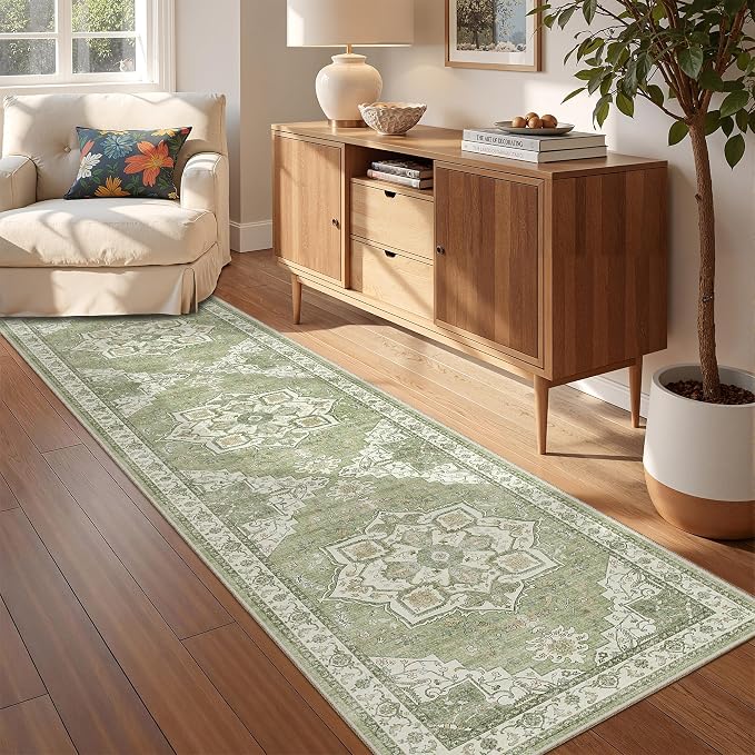 Runner Rug 2x8 Runners for Hallways Washable Rugs, Light Green | Vintage - Image 4