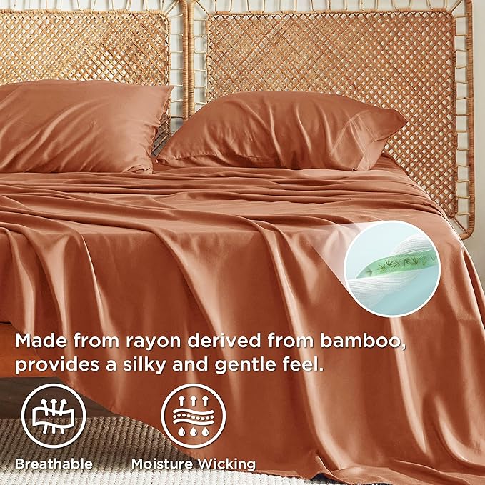Bedsure California King Sheet Sets, Cooling Sheets, Rayon Derived from Bamboo, Breathable & Soft, Deep Pocket Up to 16 Inches, Hotel Luxury Silky Bedding for Hot Sleepers, Burnt Orange