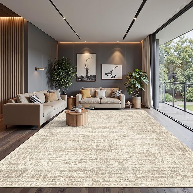 Soalmost 12x15 Washable Area Rugs Soft Living Room Rug Abstract Beige | Large - Image 2