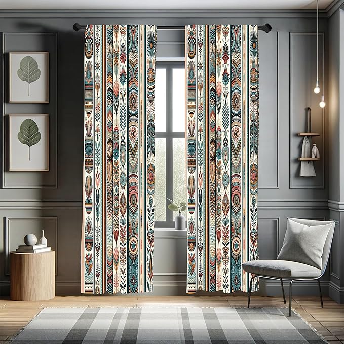 Ambesonne Ethnic Curtains, Folkloric Style Floral Ornaments with Bohemian Oriental Motifs as Stripes, Window Treatments 2 Panel Set for Living Room Bedroom, Pair of - 28" x 95", Teal Coral and Orange