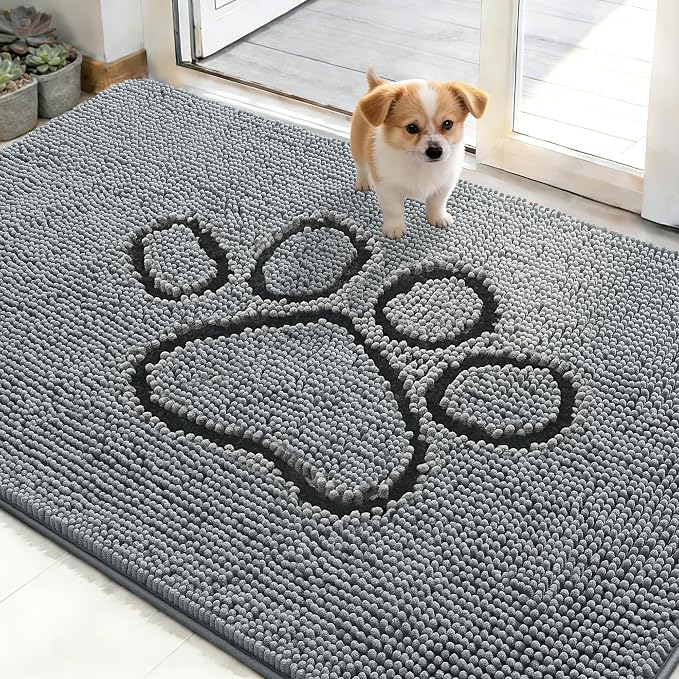 OLANLY Dog Door Mat for Muddy Paws 48x30, Paw Print Design Chenille Mud Mat | by OLANLY