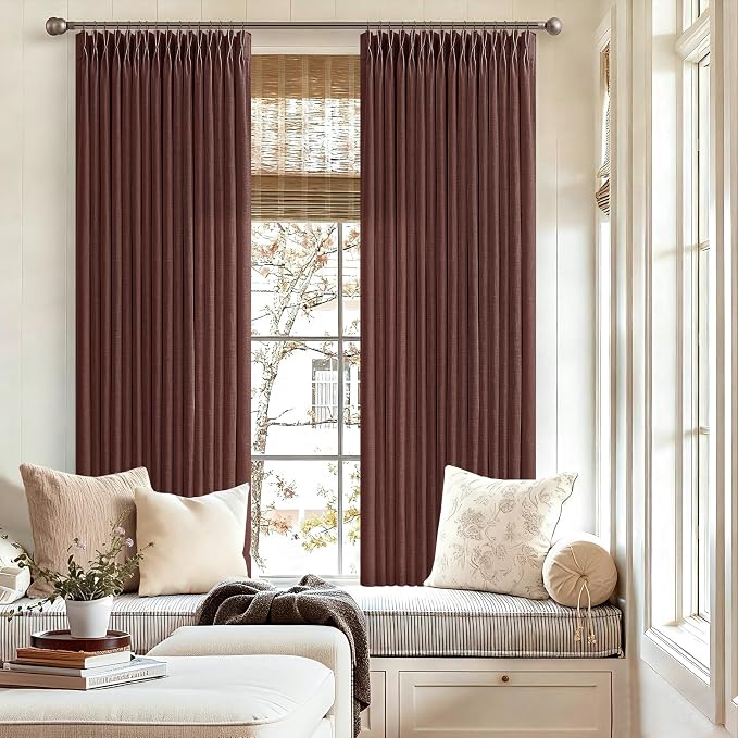63 Inch Memory Train Linen Pleat Semi Sheer Reddish Brown Kitchen Curtains | - Image 6