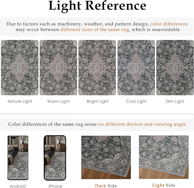 6x9 Black Grey Retro Floral Washable Area Rug - Image 6